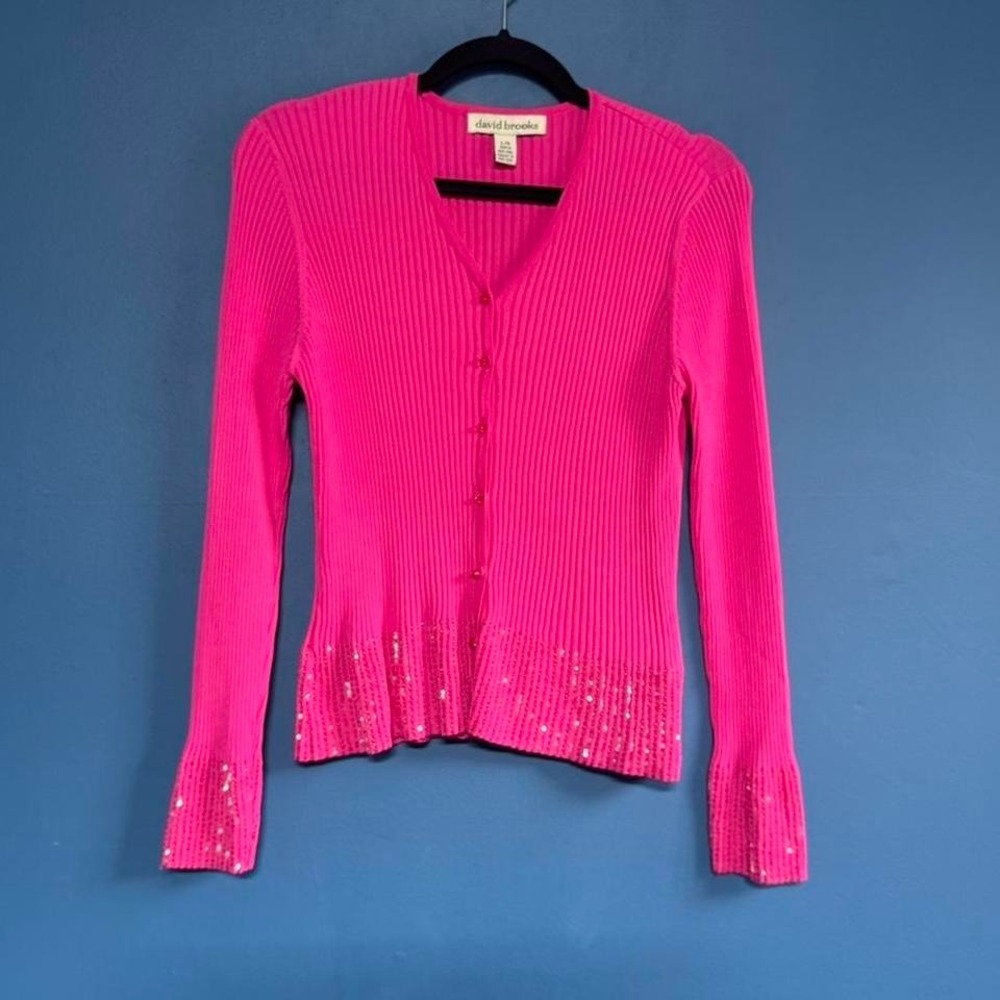 Y2K Pink Sequin Cardigan Women's Size Large David Brooks NWOT V Neck Knit Preppy